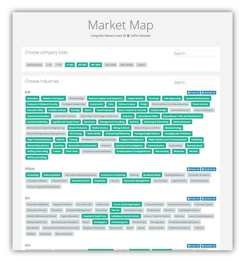 Sopro market mapper tool - Helps you define your potential prospecting pool based on factors such as target company size, industry and target job role.