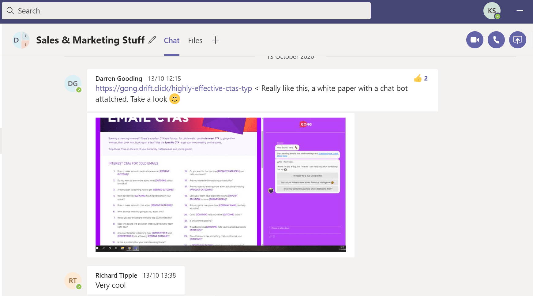 Screenshot of a Sales and Marketing Microsoft Teams channel, showing how teams who communicate increase alignment