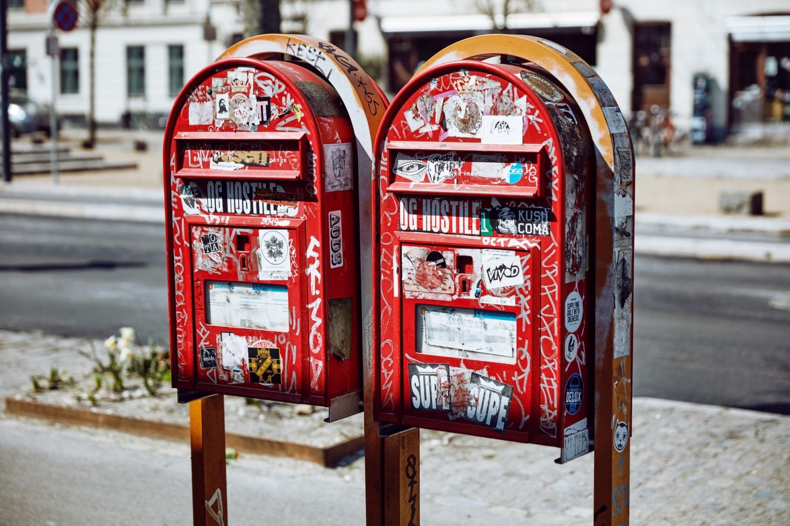 Two red mail boxes in Denmark