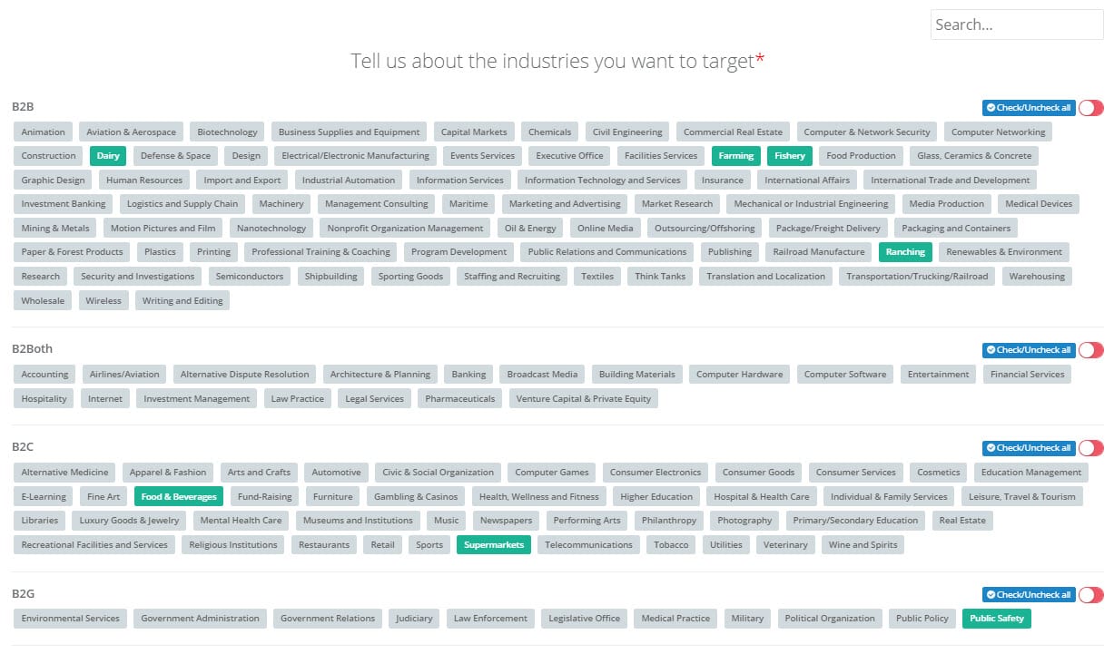 list of industries, split by B2B, B2C, B2G, and B2Both