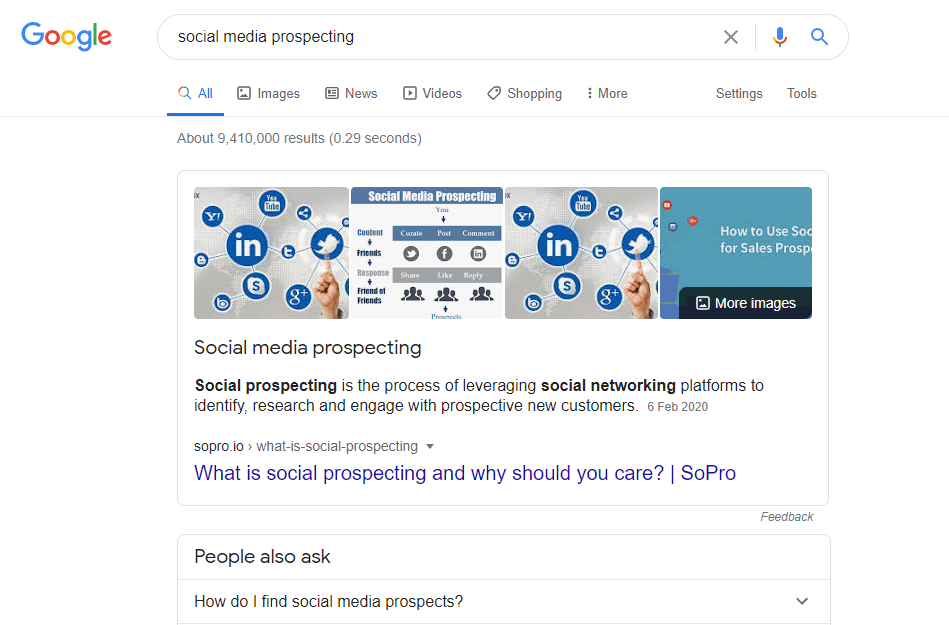 screenshot of a google serp for social prospecting