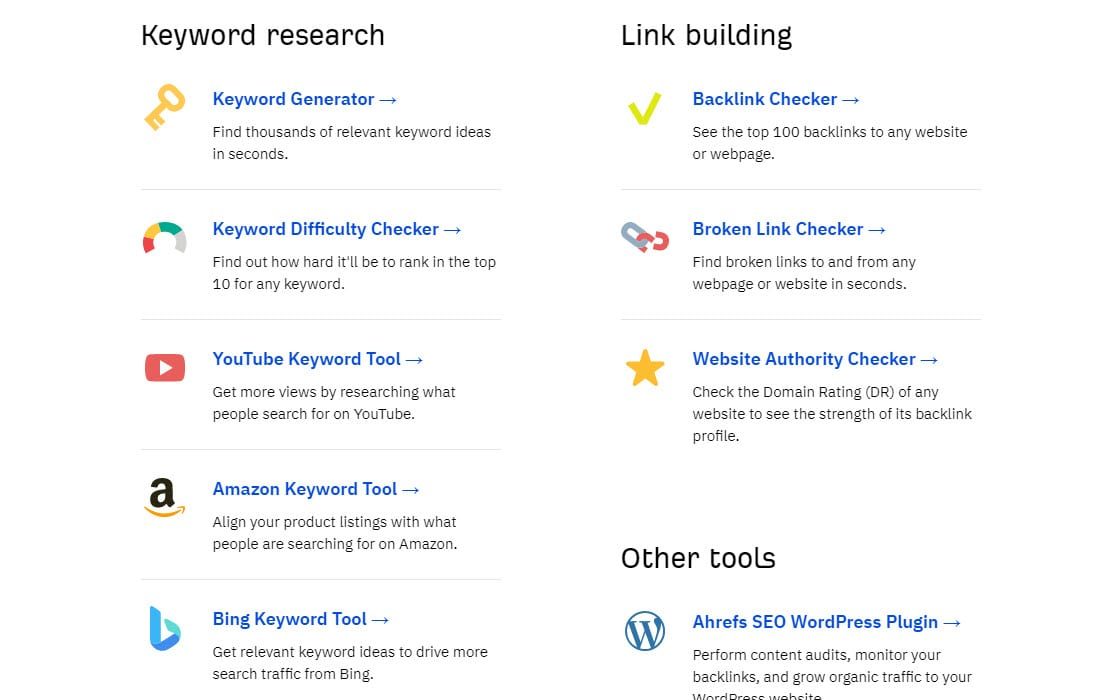 Screenshot of AHrefs free marketing tools