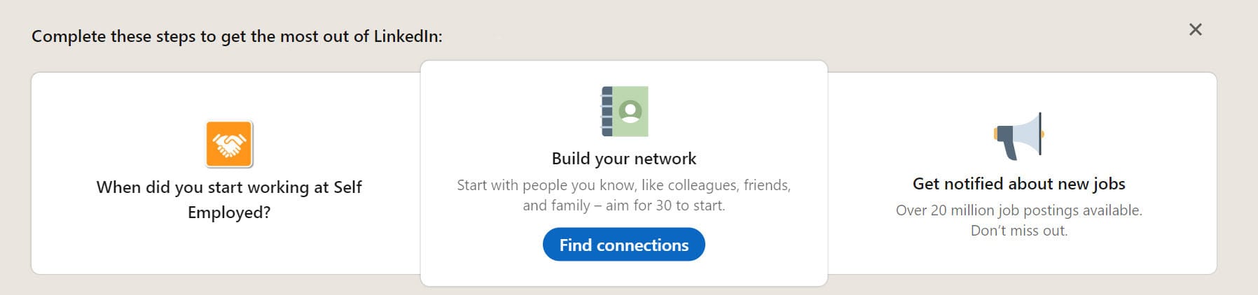 A screenhot of LinkedIn during account setup