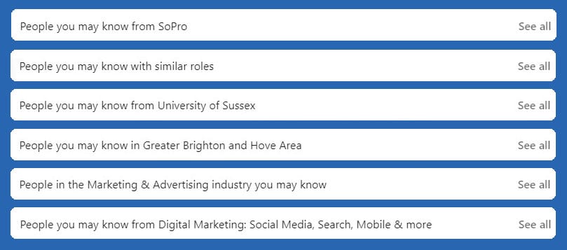 A screenshot of LinkedIn's suggested connection requests, featuring people you may know