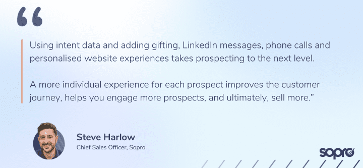 “Using intent data and adding gifting, LinkedIn messages, phone calls and personalised website experiences takes prospecting to the next level. A more individual experience for each prospect improves the customer journey, helps you engage more prospects, and sell more” A quote from Steve Harlow, our Chief Sales Officer at Sopro, about effective outbound email marketing