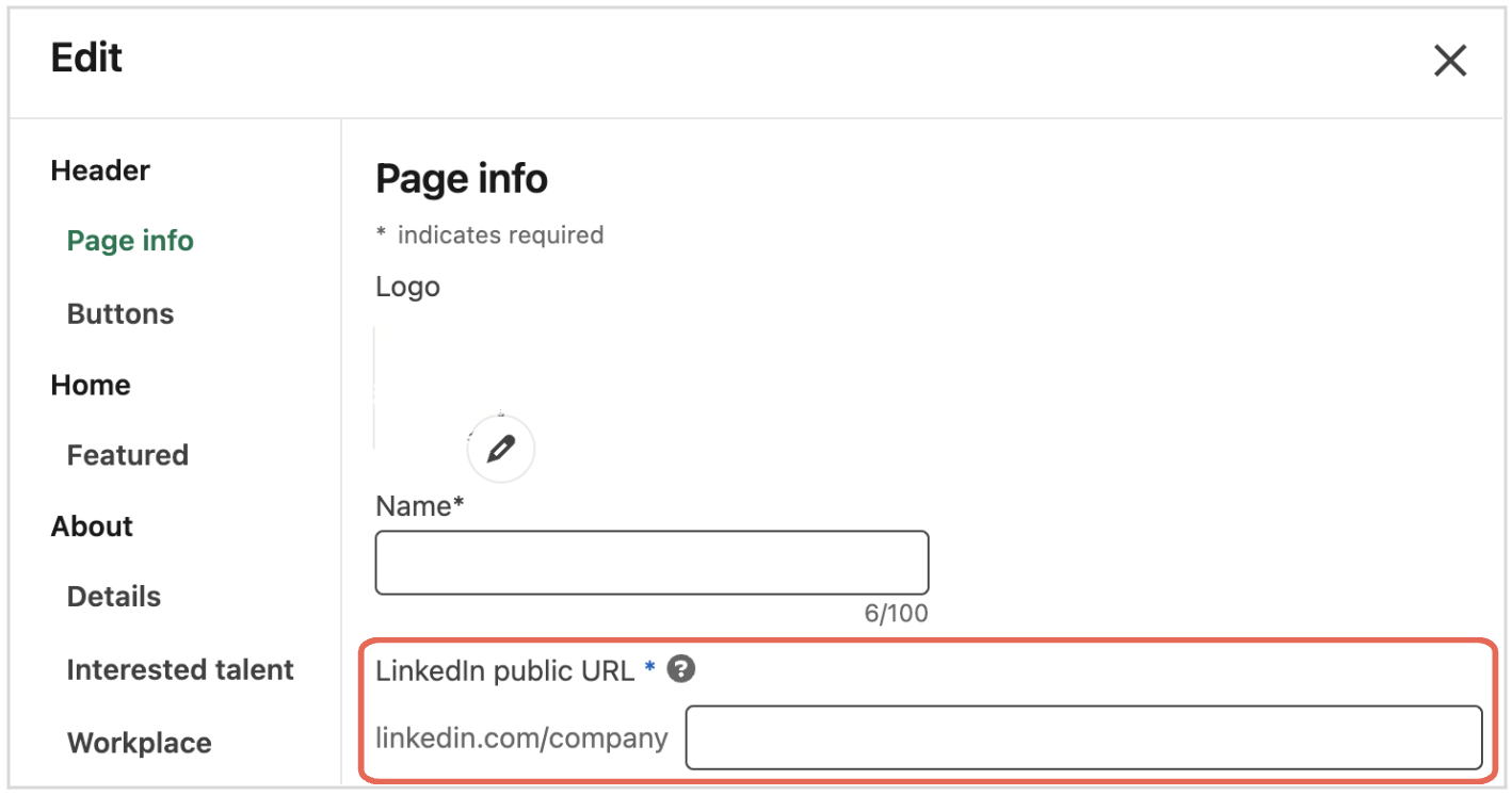 Screenshot from the LinkedIn administrator settings where you can edit page information for company profiles.