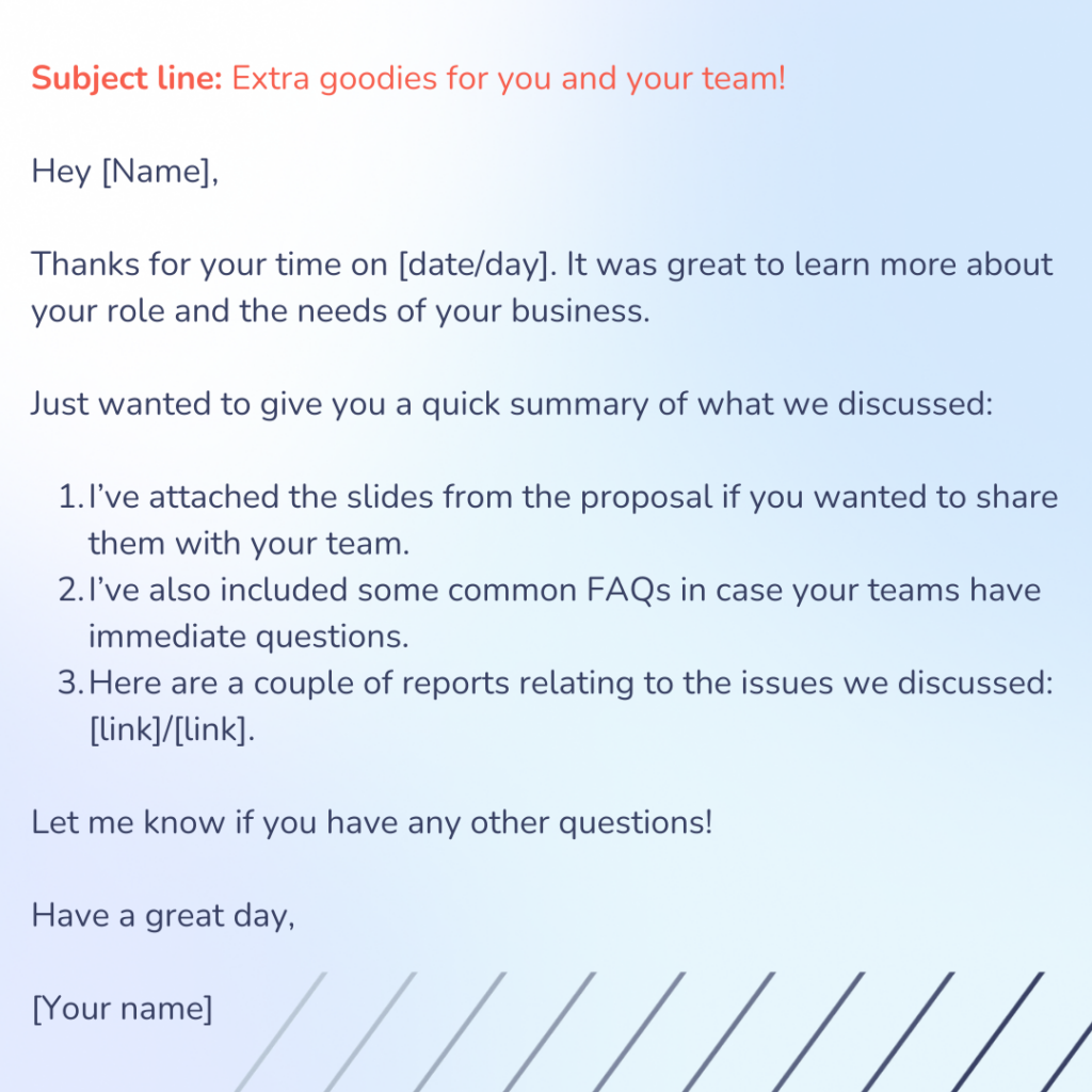 A follow-up sales email template, outlining how you can respond after a demo