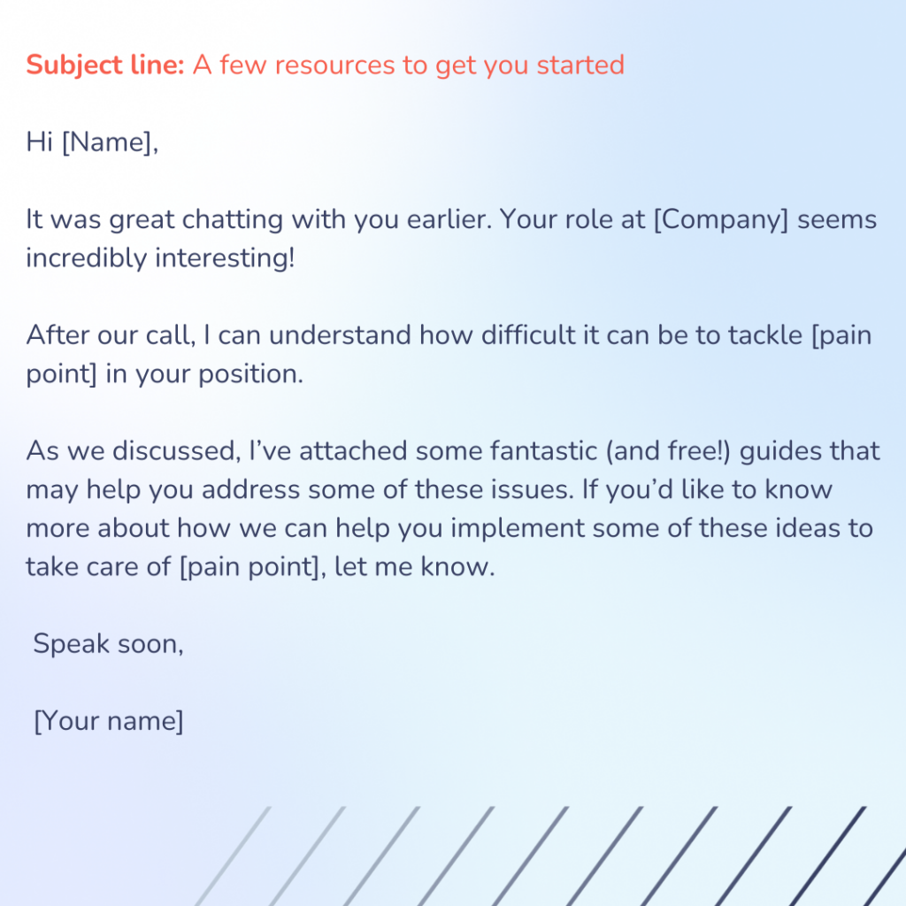 A cold email follow-up template, what an email can look like when responding after a meeting